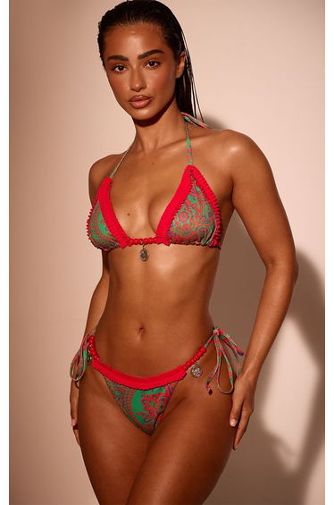 Red Paisley Print Tie Side Bikini Bottoms