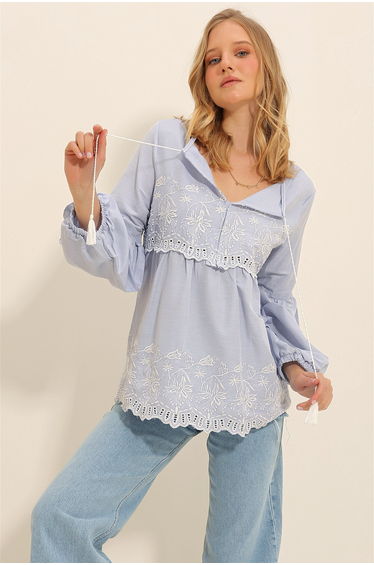 Women's Baby Blue Front Embroidered Collar Tasseled Balloon Sleeve Woven Blouse