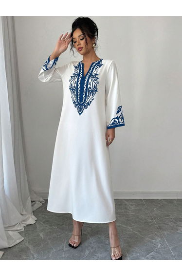 White Printed Panel Midi Dress