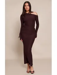 Dark Brown Soft Touch Asymmetric Panel Maxi Skirt - 5