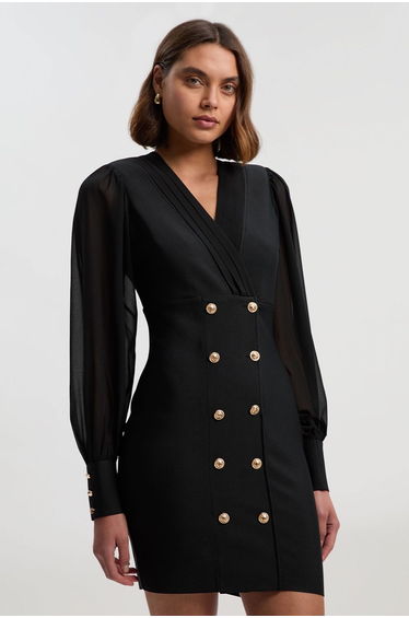 Petite Figure Form Woven Mix Military Button Blazer Knit Mini Dress