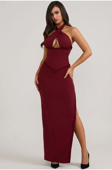 Halterneck Lace-Up Corset Maxi Dress in Berry Red
