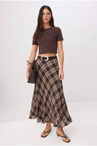 Brown Plaid 100% Cotton Lined Long Maxi Skirt