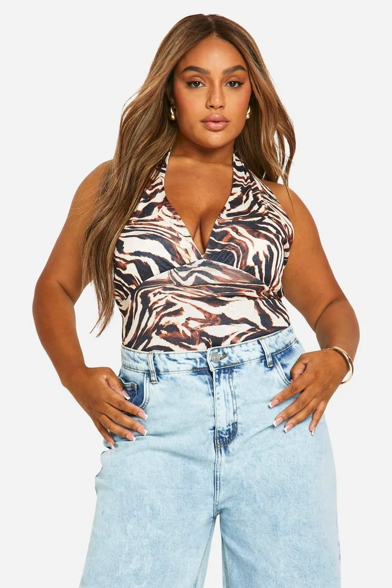 Plus Animal Print Onion Skin Plunge Top