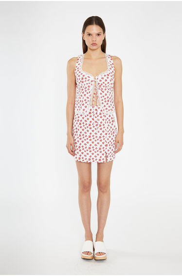White-Red Daisy Lace Trim Tie-Front-Top