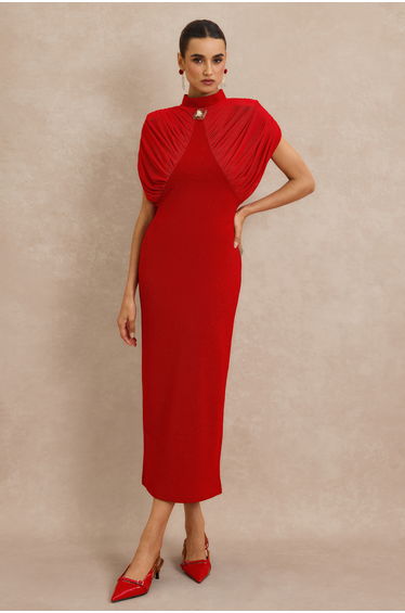 Gathering Metal Decorations Sleeveless Midi Dress