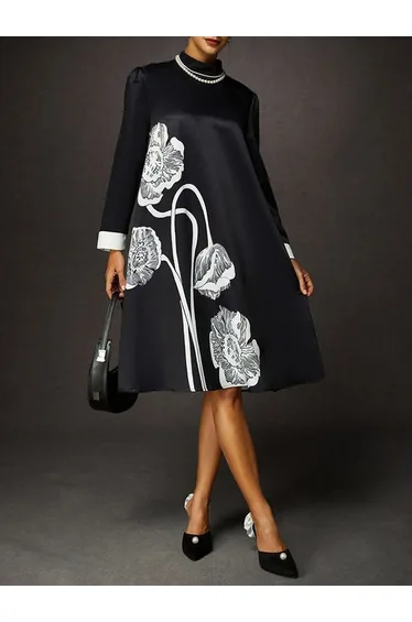 A-Line Long Sleeves Contrast Color Floral Printed Split-Joint High Neck Midi Dresses