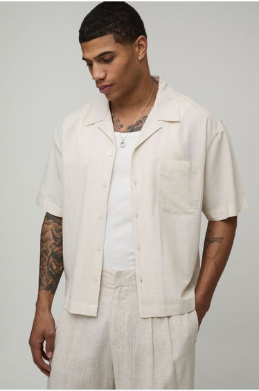 Oversized Boxy Fit Short Sleeve Linen Blend Shirt - natural