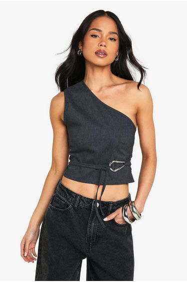 Bengaline One Shoulder Trim Detail Top - black