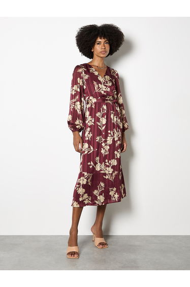 Satin Shimmer Floral Wrap Midaxi Dress