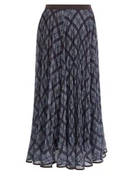 Retro Plaid Crinkle Gathered Mesh Maxi Skirt in Blue for Coffee Date & Art Gallery Visit - 7