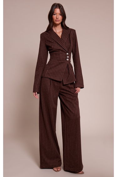 Chocolate Pinstripe Heavy Brushed Pleated Straight Leg Trousers