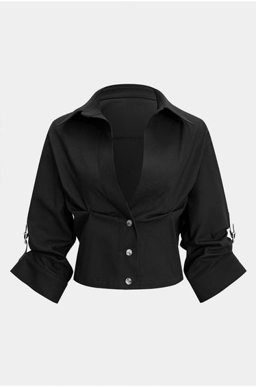 Button Ruched Short-Sleeve Shirt