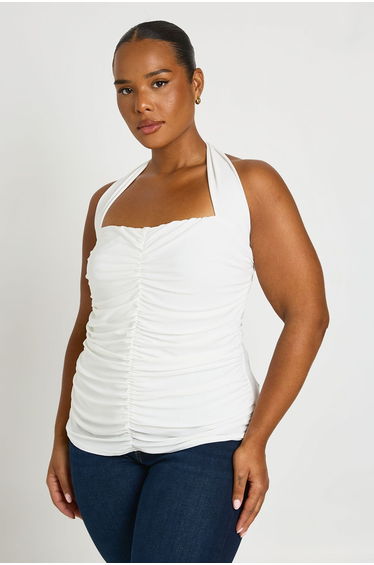 Plus Halter Neck Ruched Square Neck Top - ivory