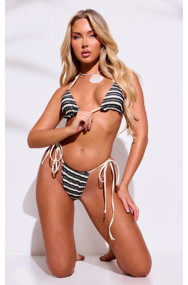 Cream Textured Stripe Tie Side Bikini Bottoms