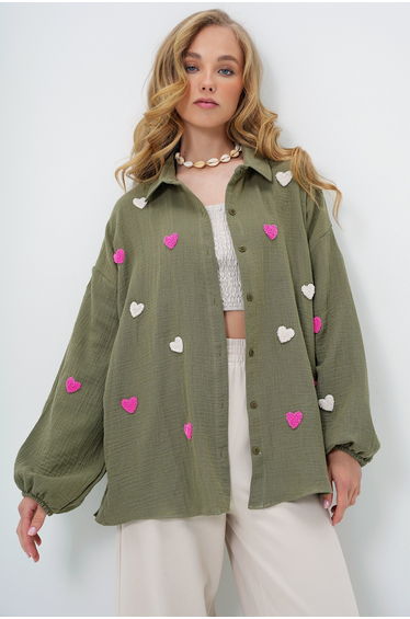 Women's Khaki Süzene Heart Embroidered Oversize Muslin Linen Shirt