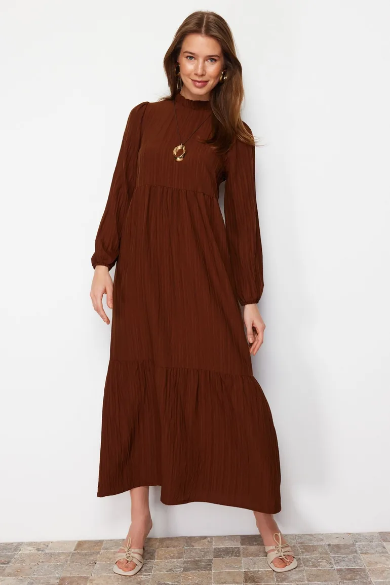 brown long sleeve skater dress Women's Velvet Dress Wrap V Neck Pleated Waist Long Sleeve Casual Party Skater Dresses Brown XXL
