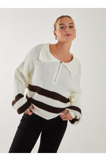 Striped Zip-Up Collar Knitted Jumper