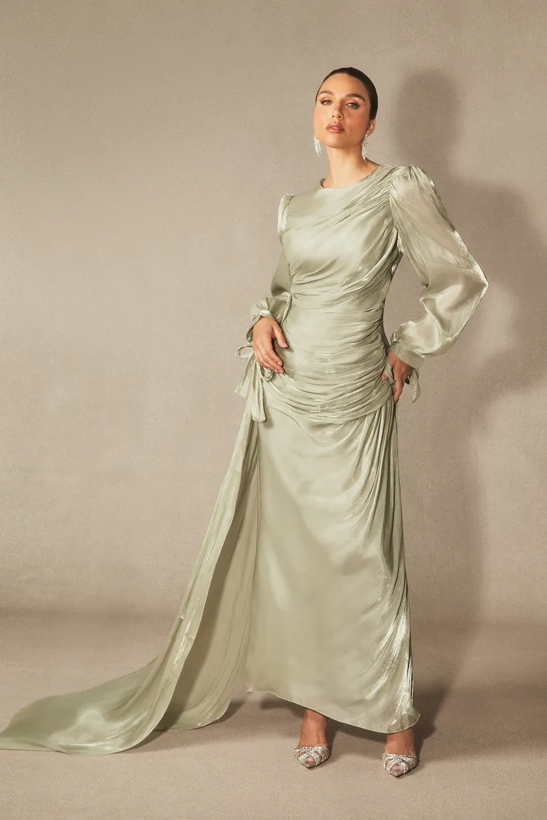 Sonia Lantern Sleeve Ruched Maxi Dress Sunfere Green : Evening Dresses :  VogaCloset Iraq