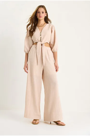 LUCCI Textured V-Neck Long Sleeve Two-Piece Coord Set