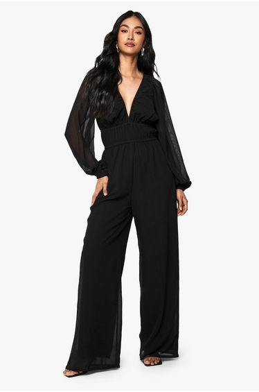 Chiffon V Neck Ruched Wide Leg Jumpsuit - black