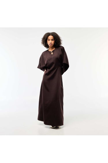 Crepe Knit Maxi Dress with Gold-Tone Jewelry Detail BROWN