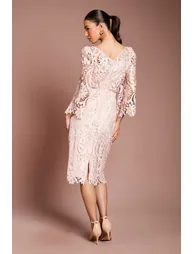 Satin Lace Boat Neck Midi Dress With Fluted Sleeve - 2