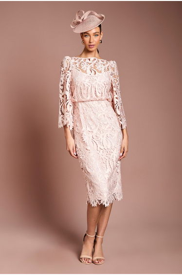 Satin Lace Boat Neck Midi Dress With Fluted Sleeve