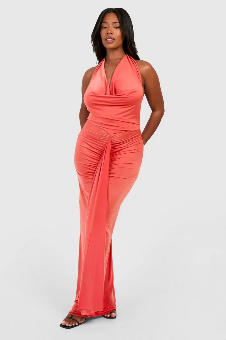 Plus Cowl Neck Ruched Maxi Dress - orange