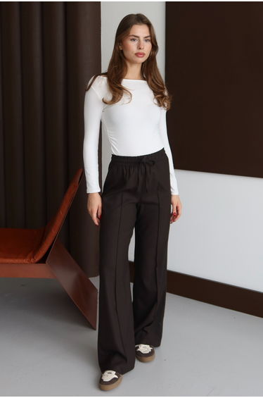 Brown Ribbed Wide Leg Long Woven Trousers