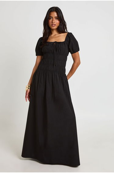 Cotton Poplin Shirred Bodice Puff Sleeve Maxi Dress - black