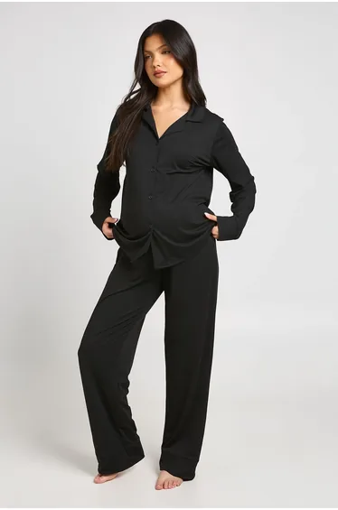 Matenity Soft Touch Button Through Shirt and Trouser Pyjama Set - black