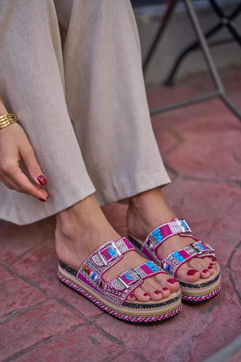 Stone and Bead Detailed Buckle Platform Slippers - 4
