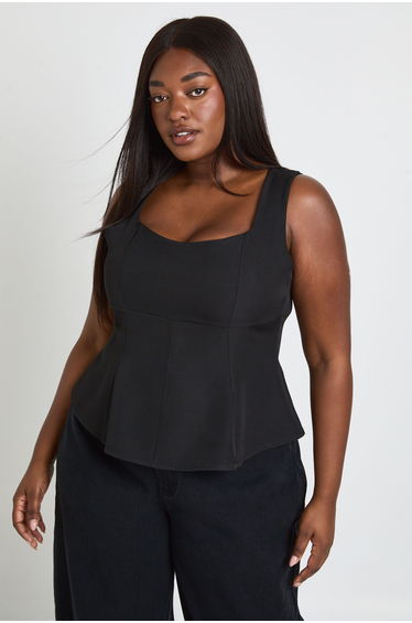 Plus Square Neck Peplum Tailored Top - black
