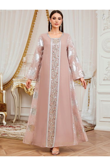Women Foil Print Sequin Patch Detail Jalabiya