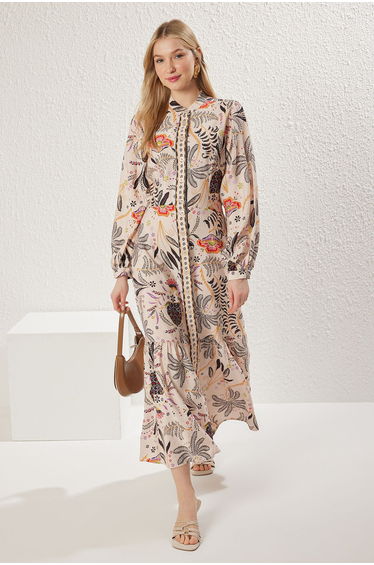 Ecru Patterned Woven Shirt Dress