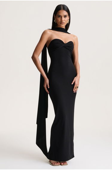 Sheila | Black Bandeau Maxi Dress With Scarf Detail