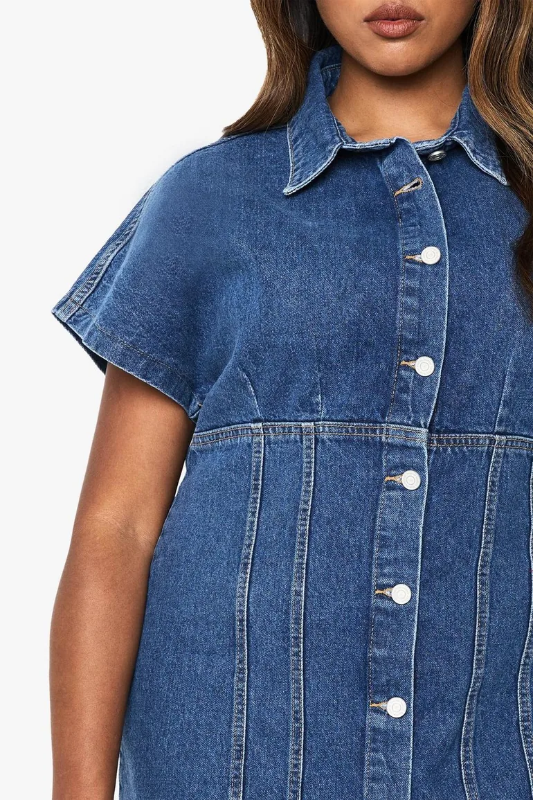 plus button front denim dress Washed Black Denim Dress
