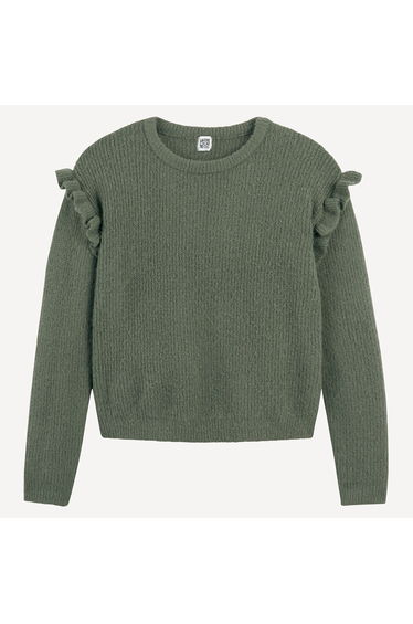 Fine Knit Ruffled Jumper/Sweater with Crew Neck