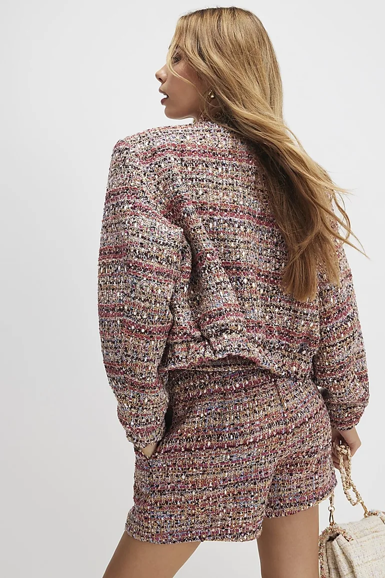 Red Boucle Cropped Bomber Jacket - 3