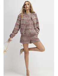 Red Boucle Cropped Bomber Jacket