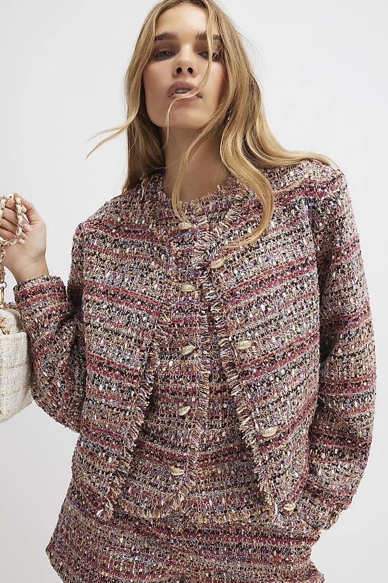 Red Boucle Cropped Bomber Jacket - 1