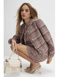 Red Boucle Cropped Bomber Jacket - 2