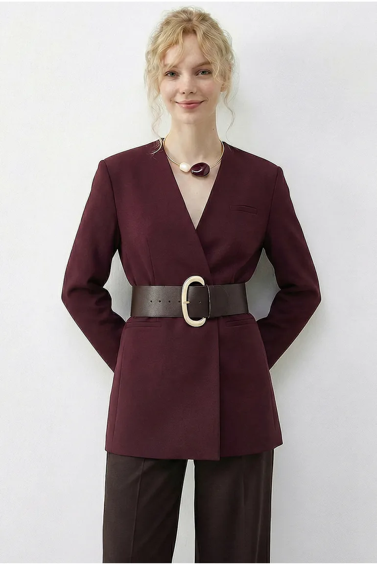 LUCCI Belted V-Neck Blazer Jacket - 2