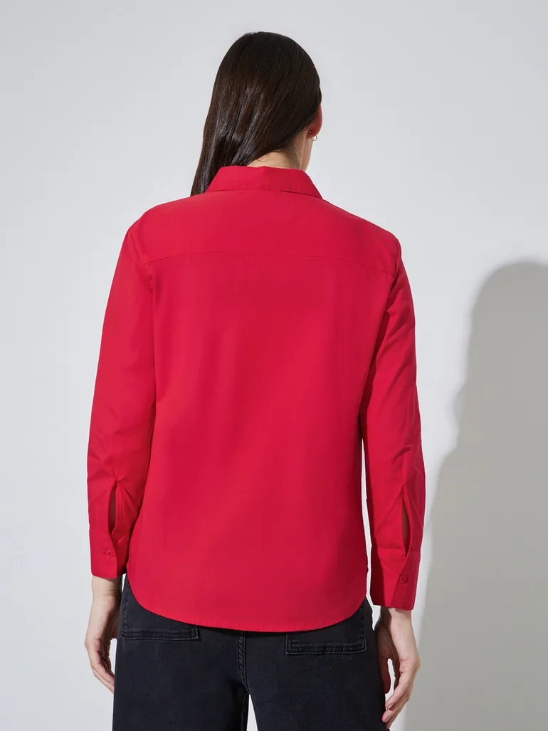 Red Solid Embroidered Chest Pocket Relaxed Fit Shirt - 4
