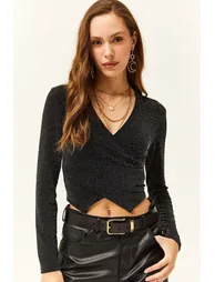 Women's Black Wrapover Shimmer Detail Crop Blouse - 1