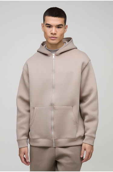 Oversized Zip Through Bonded Scuba Hoodie - taupe