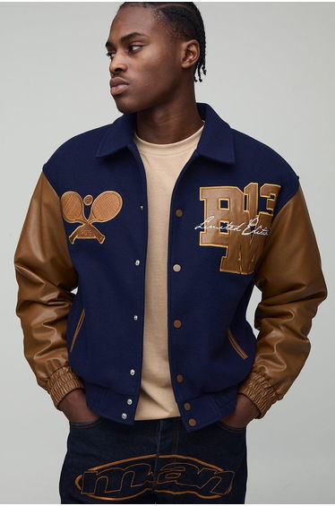 Boxy OFCL MAN Tennis Applique Melton Varsity Bomber Jacket - navy