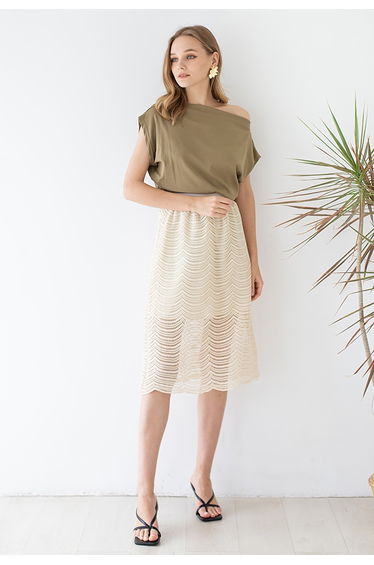 Ripple Crochet High Waist Midi Skirt in Cream