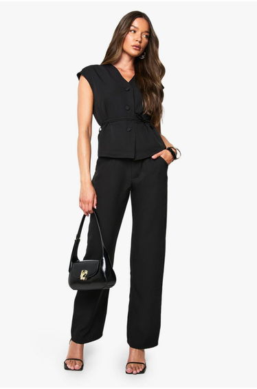 Tailored Belted Cap Sleeve Waistcoat - black